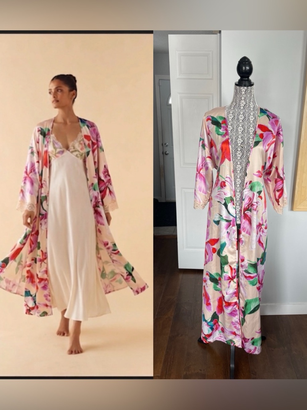 Vintage Linea Donatella Belted Floral Feminine Satin Robe Kimono Duster. Medium